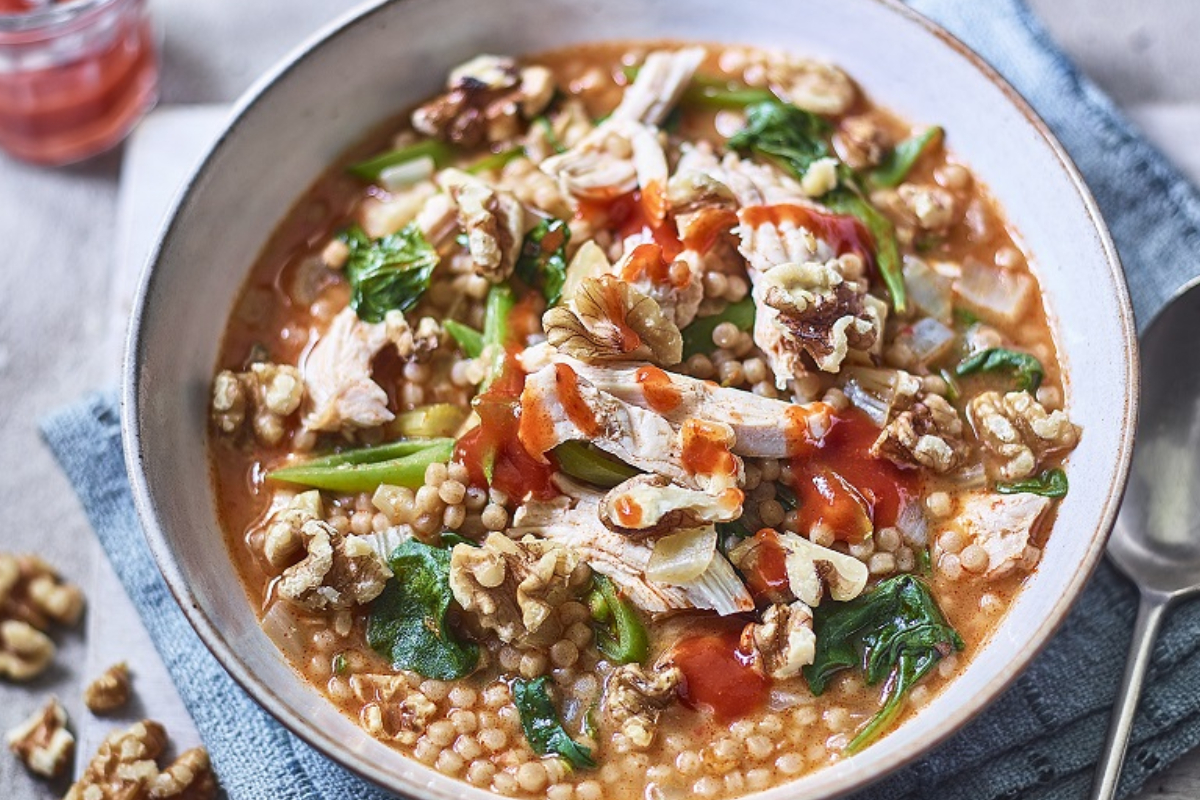 California Walnut and Couscous Chicken Harissa Broth California